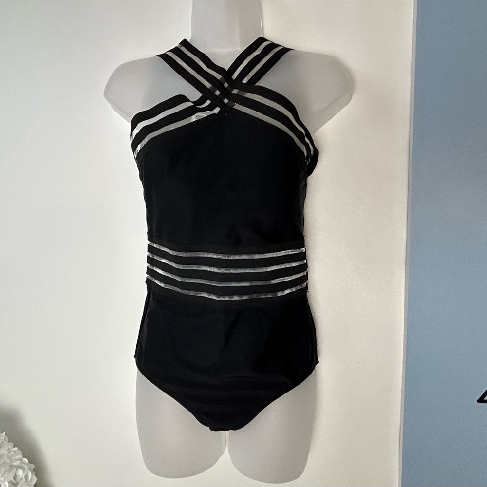 Pink Lily Black 1PC Swimsuit w/Mesh Stripes Small